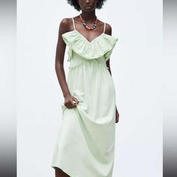 Zara Eyelet Lace Maxi Dress in Green Size Large - Picture 7 of 7